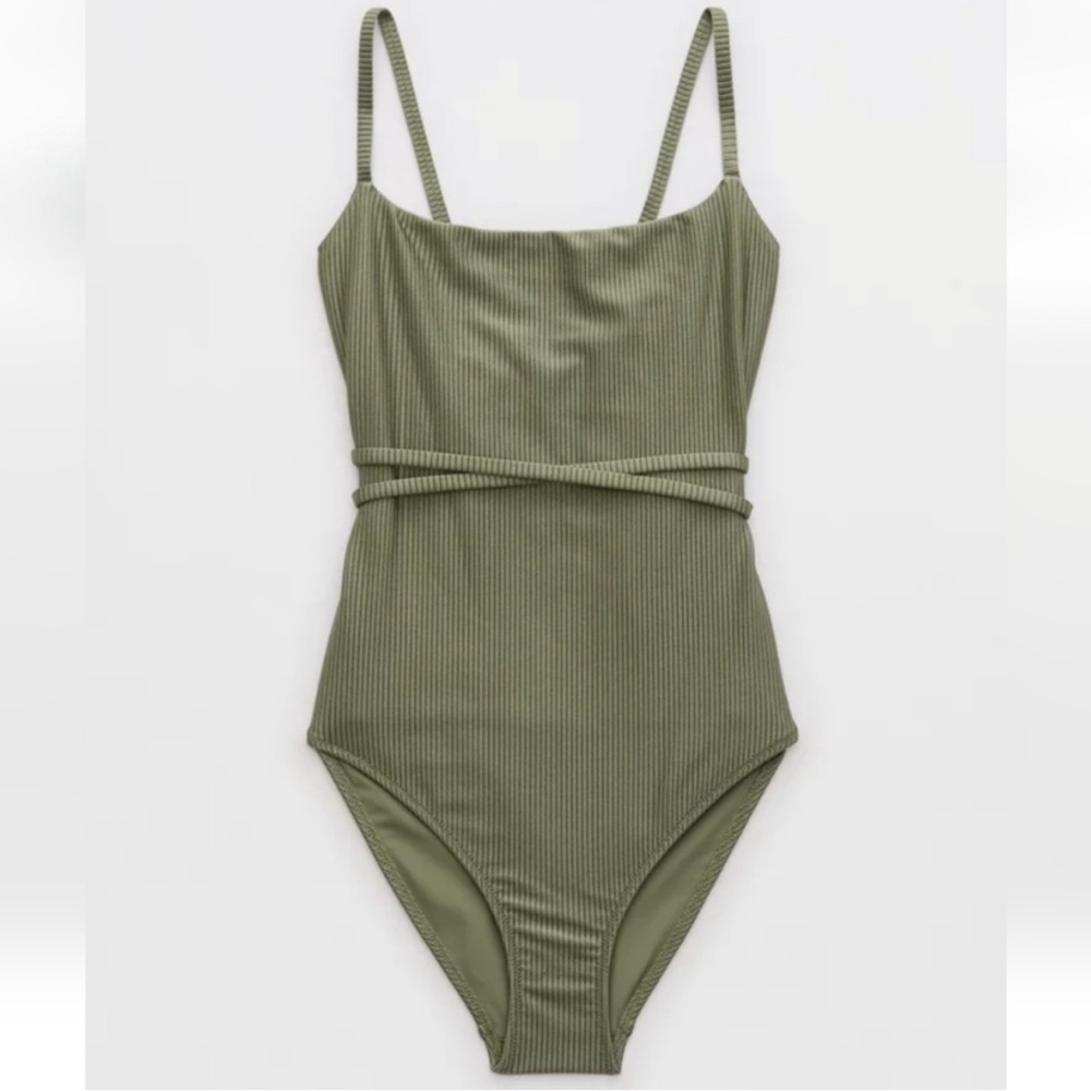 NWT Aerie Shine Rib Strappy Scoop Full Coverage One Piece Swimsuit Green Large